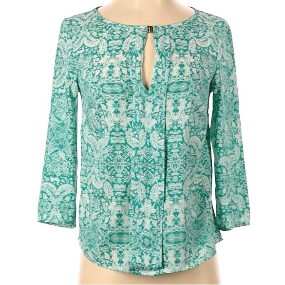 H&M Floral Print Blouse Front Keyhole Opening 3/4 Sleeves Teal White Size 4